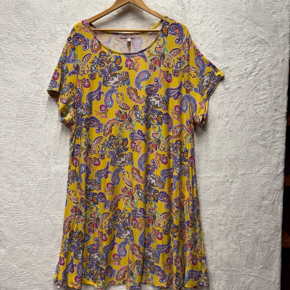 Harlow & Rose A-Line Dress Womens 3X Yellow Paisley Print Vacation Travel Cruise